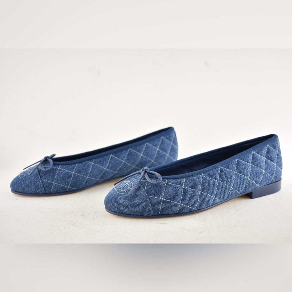 Chanel 26P Washed Denim Blue Quilted CC Logo Bow Tie Ballet Ballerina Flat 37.5 - Picture 14 of 16